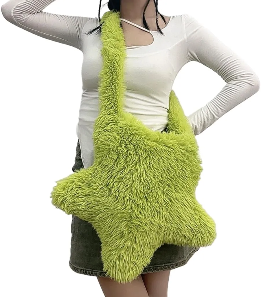 Women Fluffy Star Shaped Handbag Faux Fur Shoulder Bag Plush Crossbody Bag for Amusement Park Shopping Daily Life