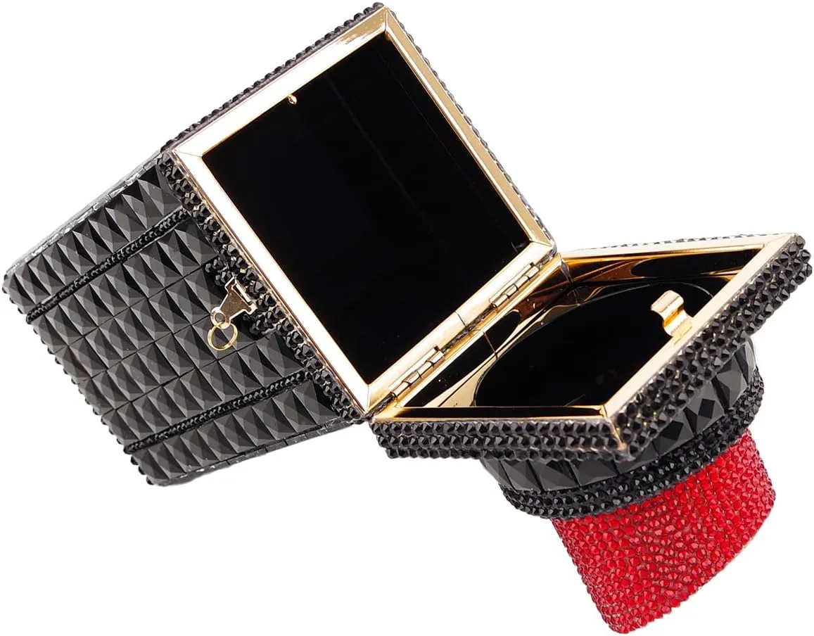 Women Lipstick Shape Inlaid Rhinestone Crystal Glitter Evening Bags Purses Clutch Sparkly Banquet Handbag