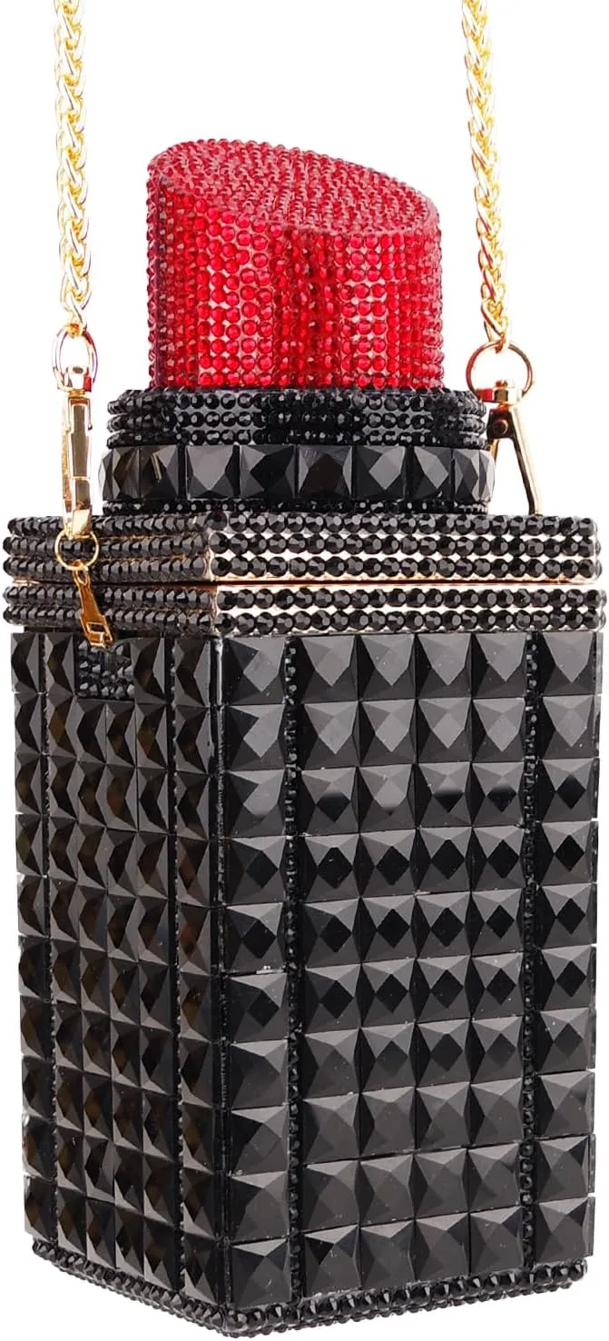 Women Lipstick Shape Inlaid Rhinestone Crystal Glitter Evening Bags Purses Clutch Sparkly Banquet Handbag