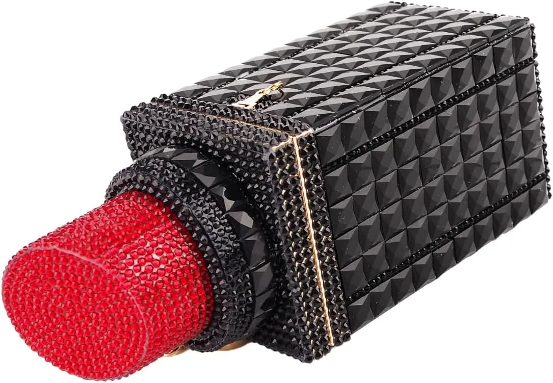 Women Lipstick Shape Inlaid Rhinestone Crystal Glitter Evening Bags Purses Clutch Sparkly Banquet Handbag