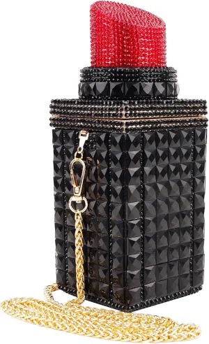Women Lipstick Shape Inlaid Rhinestone Crystal Glitter Evening Bags Purses Clutch Sparkly Banquet Handbag