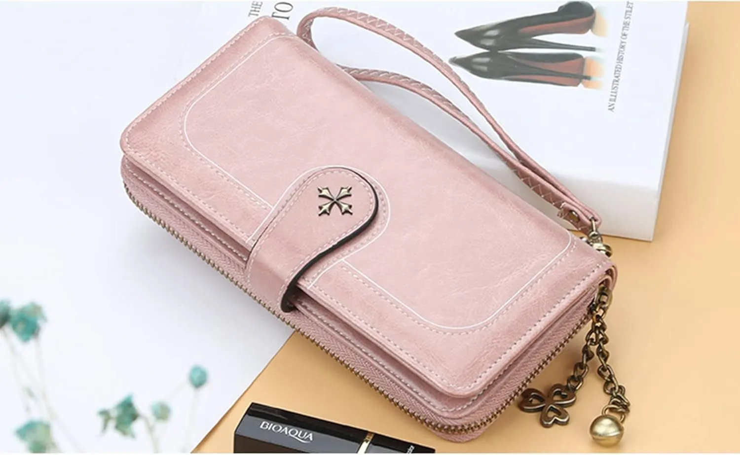 Women PU Leather Wristlet Clutch Wallets Large Capacity Card Holder Vintage Long Wallet, Mysterious Purple, Lotus Pink