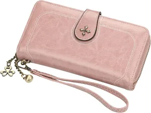 Women PU Leather Wristlet Clutch Wallets Large Capacity Card Holder Vintage Long Wallet, Mysterious Purple, Lotus Pink