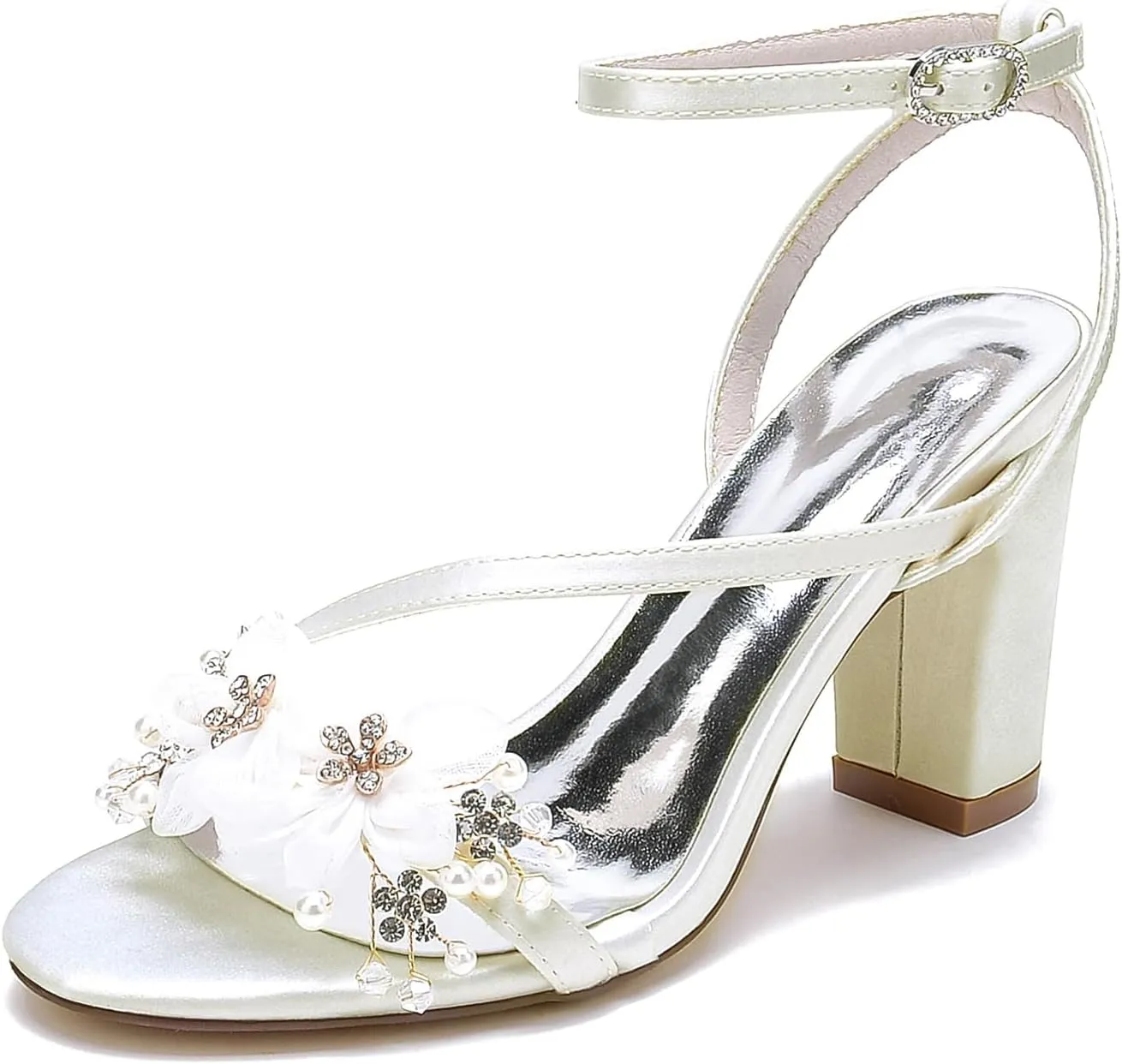 Women Sexy Wedding Bridal Rhinestone Ankle Strap Sandals Beaded Chunky Block High Heel Evening Pumps Shoes