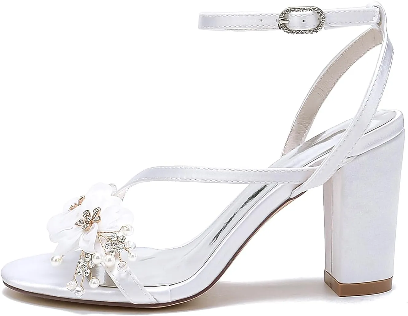 Women Sexy Wedding Bridal Rhinestone Ankle Strap Sandals Beaded Chunky Block High Heel Evening Pumps Shoes