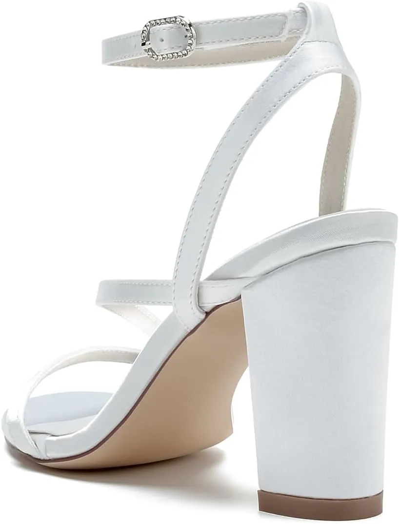 Women Sexy Wedding Bridal Rhinestone Ankle Strap Sandals Beaded Chunky Block High Heel Evening Pumps Shoes