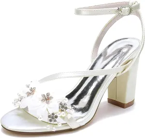 Women Sexy Wedding Bridal Rhinestone Ankle Strap Sandals Beaded Chunky Block High Heel Evening Pumps Shoes
