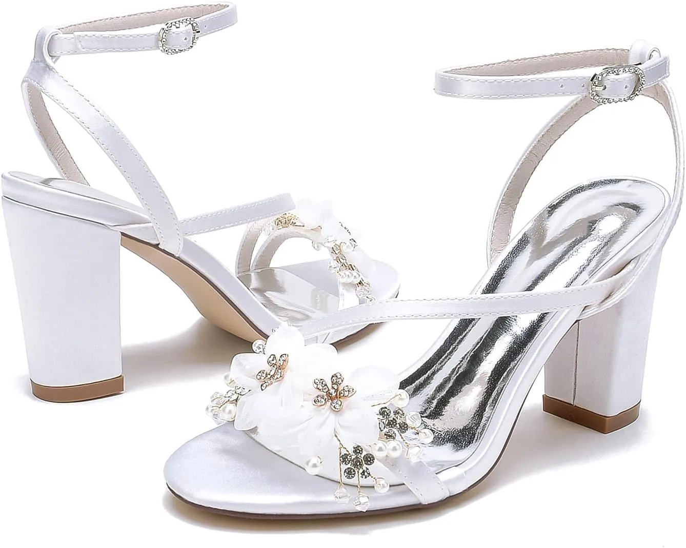 Women Sexy Wedding Bridal Rhinestone Ankle Strap Sandals Beaded Chunky Block High Heel Evening Pumps Shoes