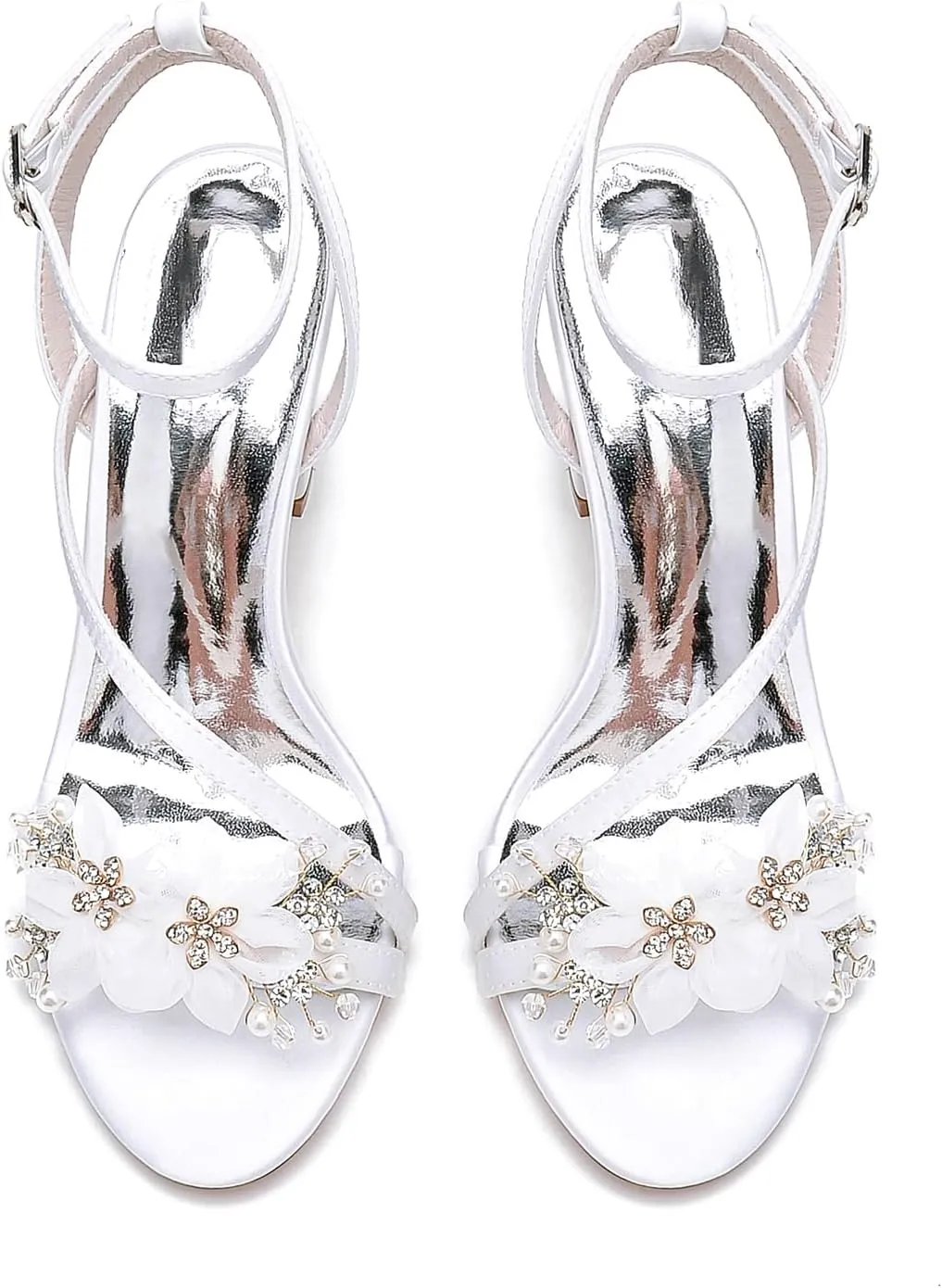 Women Sexy Wedding Bridal Rhinestone Ankle Strap Sandals Beaded Chunky Block High Heel Evening Pumps Shoes