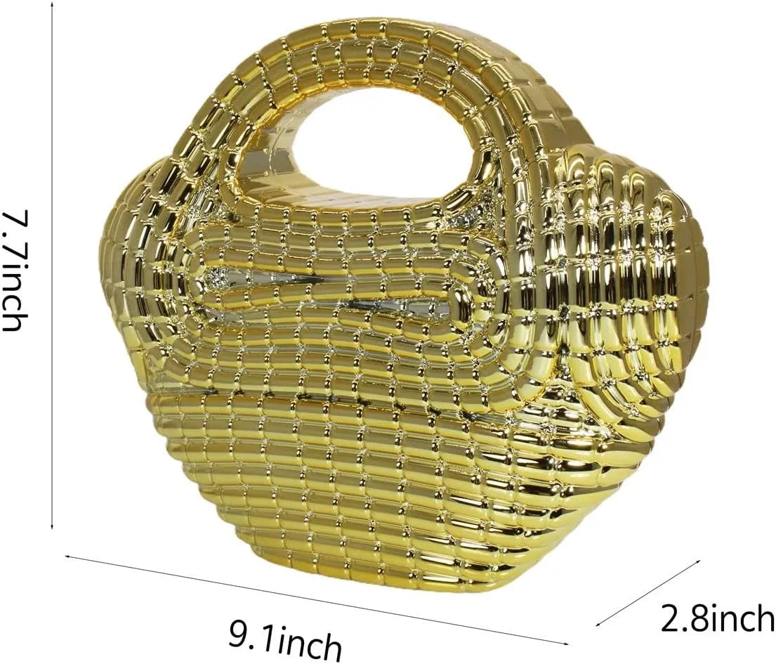 Women Trendy Metal Basket Shape Crossbody Bag Glitter Metallic Clutch Purse Unique Wedding Handbag for Prom Party