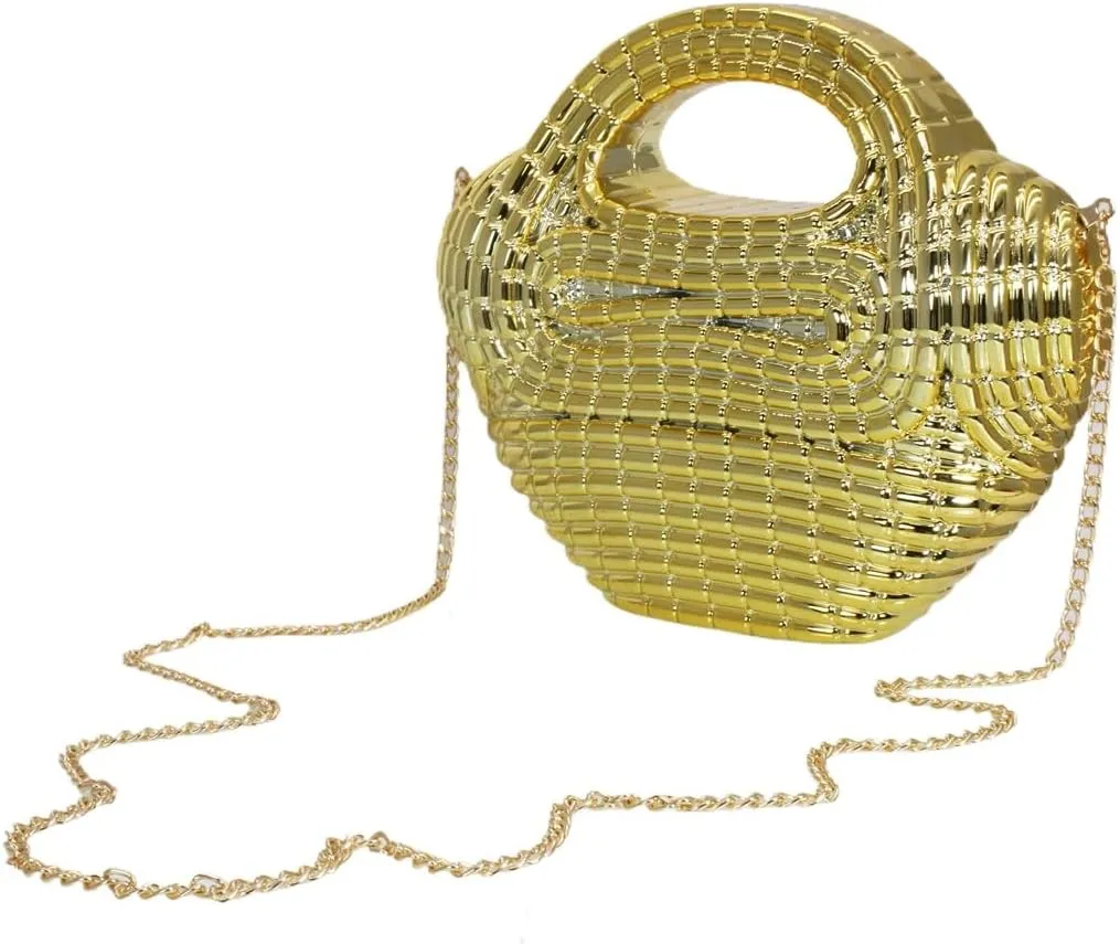 Women Trendy Metal Basket Shape Crossbody Bag Glitter Metallic Clutch Purse Unique Wedding Handbag for Prom Party