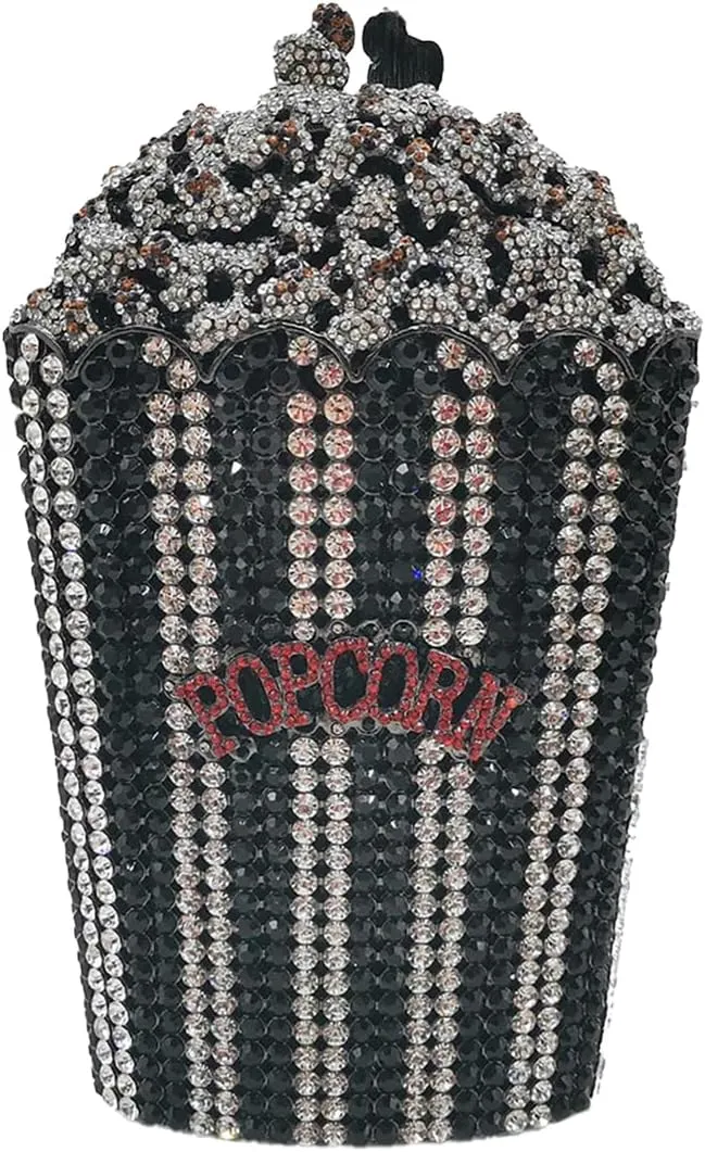 Women Unique Popcorn Crystal Evening Bag Novelty Rhinestone Clutch Purse for Dinner Cinema Halloween
