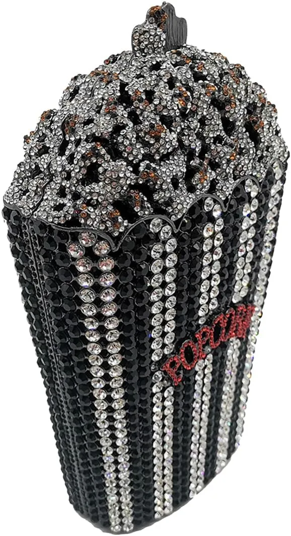 Women Unique Popcorn Crystal Evening Bag Novelty Rhinestone Clutch Purse for Dinner Cinema Halloween
