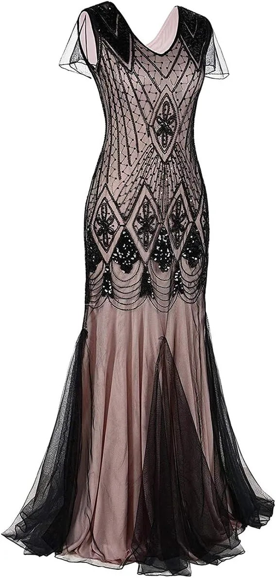 Women Vintage 1920s Gatsby Flapper Evening Party Dress V Neck Art Deco Sequins Mermaid Hem Cocktail Formal Long Maxi Gown
