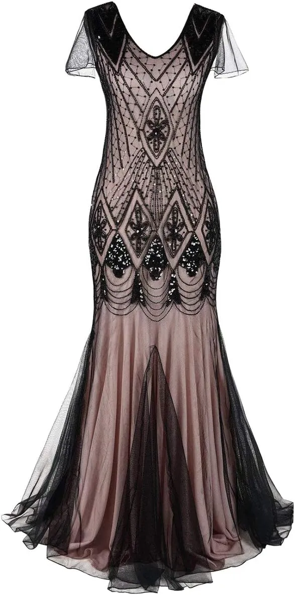 Women Vintage 1920s Gatsby Flapper Evening Party Dress V Neck Art Deco Sequins Mermaid Hem Cocktail Formal Long Maxi Gown