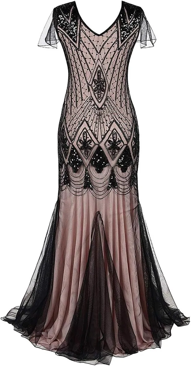 Women Vintage 1920s Gatsby Flapper Evening Party Dress V Neck Art Deco Sequins Mermaid Hem Cocktail Formal Long Maxi Gown