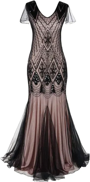 Women Vintage 1920s Gatsby Flapper Evening Party Dress V Neck Art Deco Sequins Mermaid Hem Cocktail Formal Long Maxi Gown