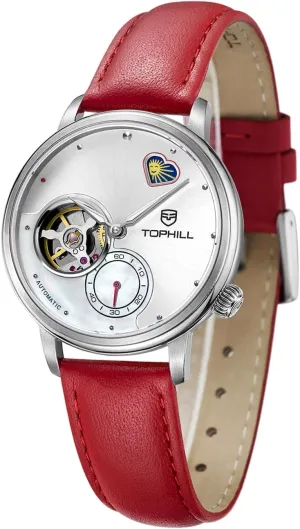 Women Watch Minimalist, Automatic Wrist Watch, 316L Steel Case Sapphire Crystal, Calf-Leather Band, Water Resistant, Gift for Women (Red)