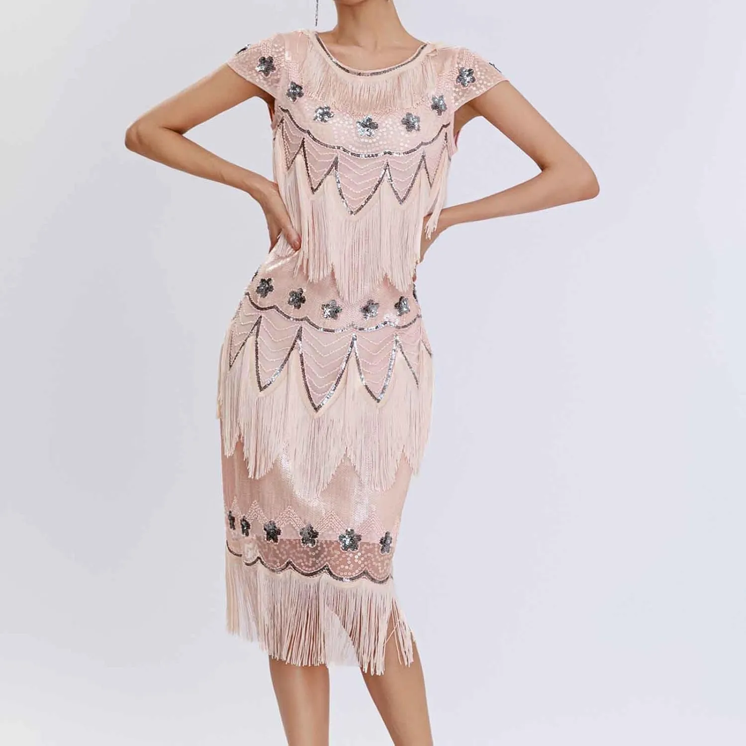 Women's 1920s Flapper Dress Vintage Long Fringe Dress Crewneck Slip 20s Sequins Beaded Great Gatsby Dresses for Party
