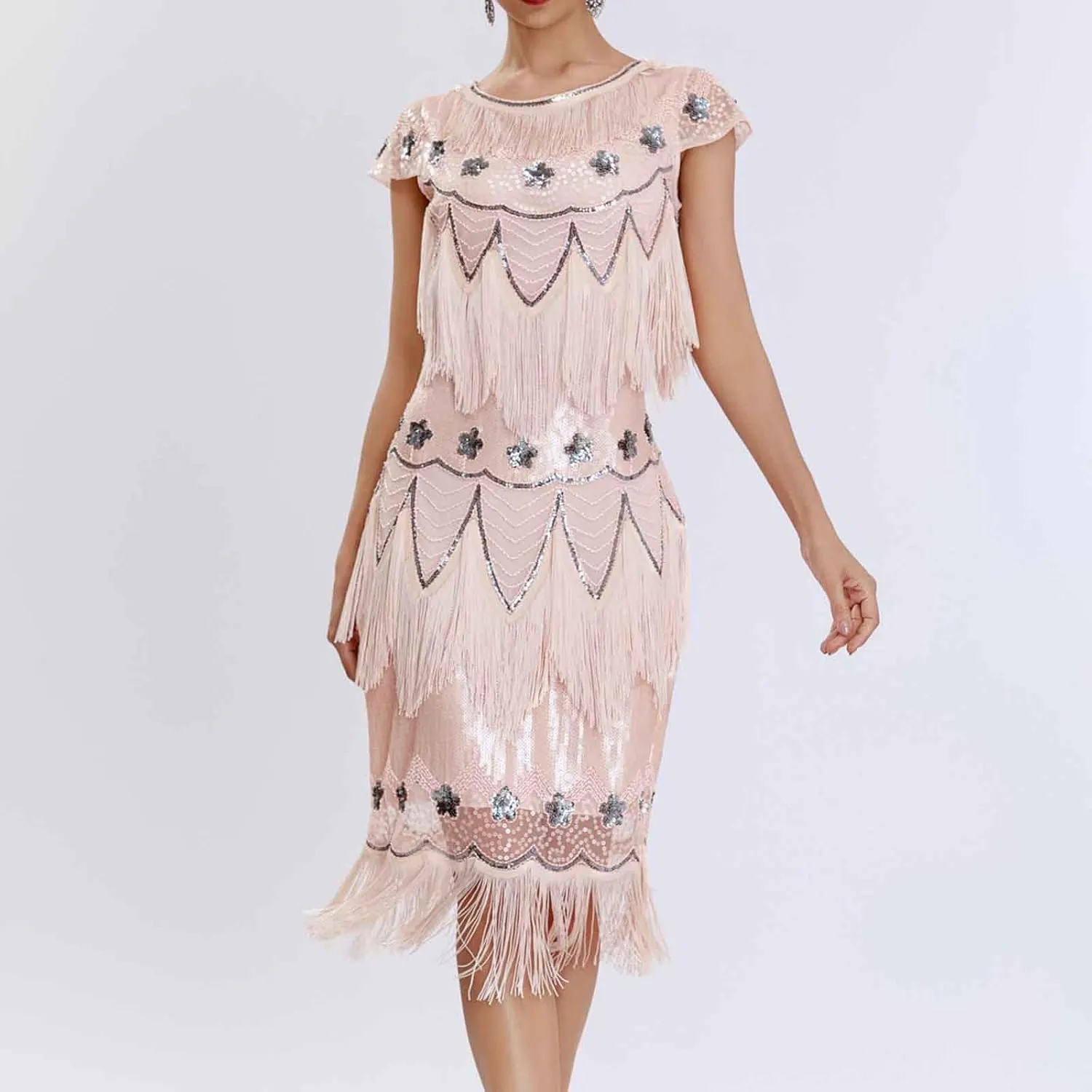 Women's 1920s Flapper Dress Vintage Long Fringe Dress Crewneck Slip 20s Sequins Beaded Great Gatsby Dresses for Party
