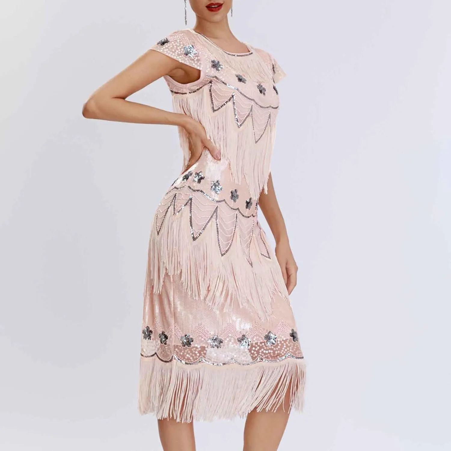 Women's 1920s Flapper Dress Vintage Long Fringe Dress Crewneck Slip 20s Sequins Beaded Great Gatsby Dresses for Party