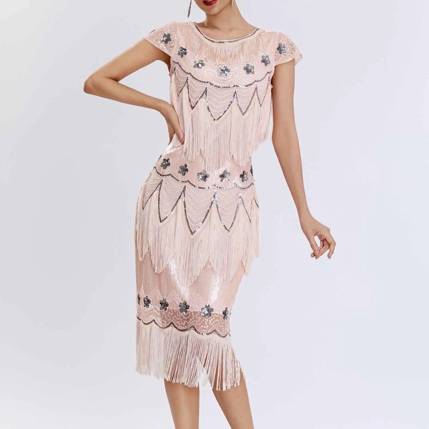 Women's 1920s Flapper Dress Vintage Long Fringe Dress Crewneck Slip 20s Sequins Beaded Great Gatsby Dresses for Party