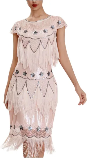 Women's 1920s Flapper Dress Vintage Long Fringe Dress Crewneck Slip 20s Sequins Beaded Great Gatsby Dresses for Party
