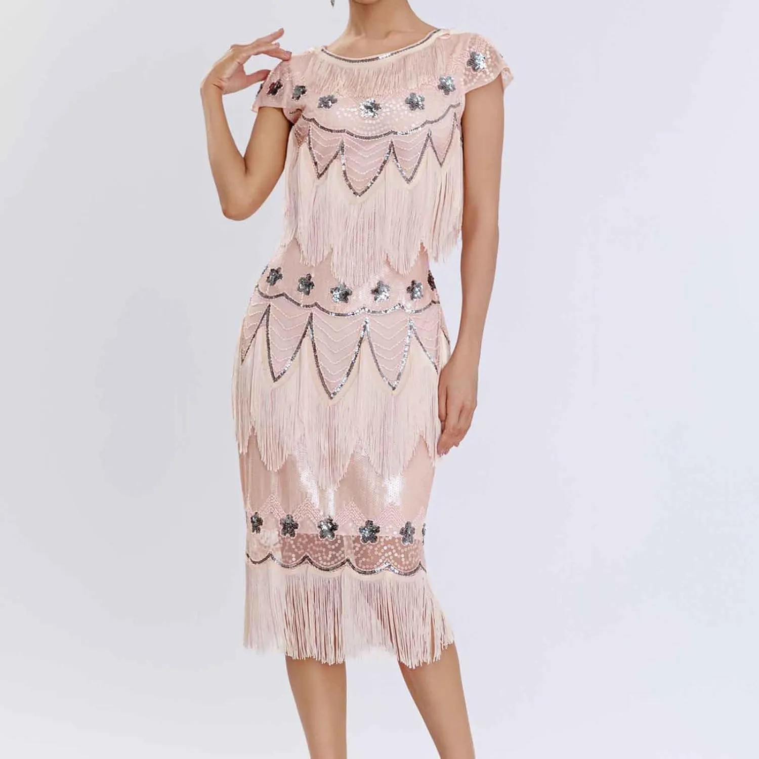 Women's 1920s Flapper Dress Vintage Long Fringe Dress Crewneck Slip 20s Sequins Beaded Great Gatsby Dresses for Party