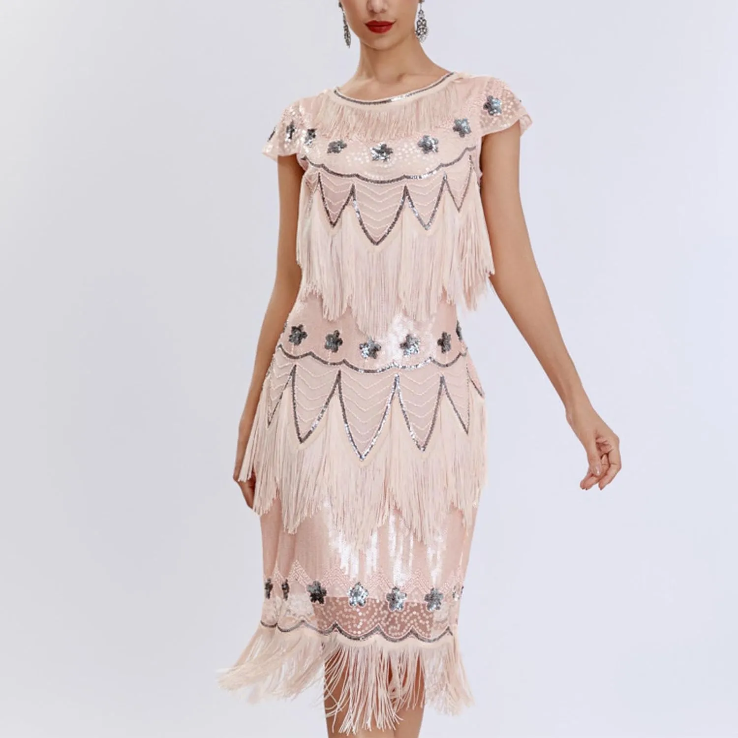Women's 1920s Flapper Dress Vintage Long Fringe Dress Crewneck Slip 20s Sequins Beaded Great Gatsby Dresses for Party
