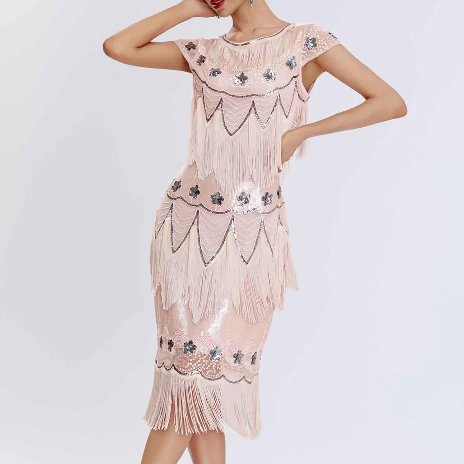 Women's 1920s Flapper Dress Vintage Long Fringe Dress Crewneck Slip 20s Sequins Beaded Great Gatsby Dresses for Party