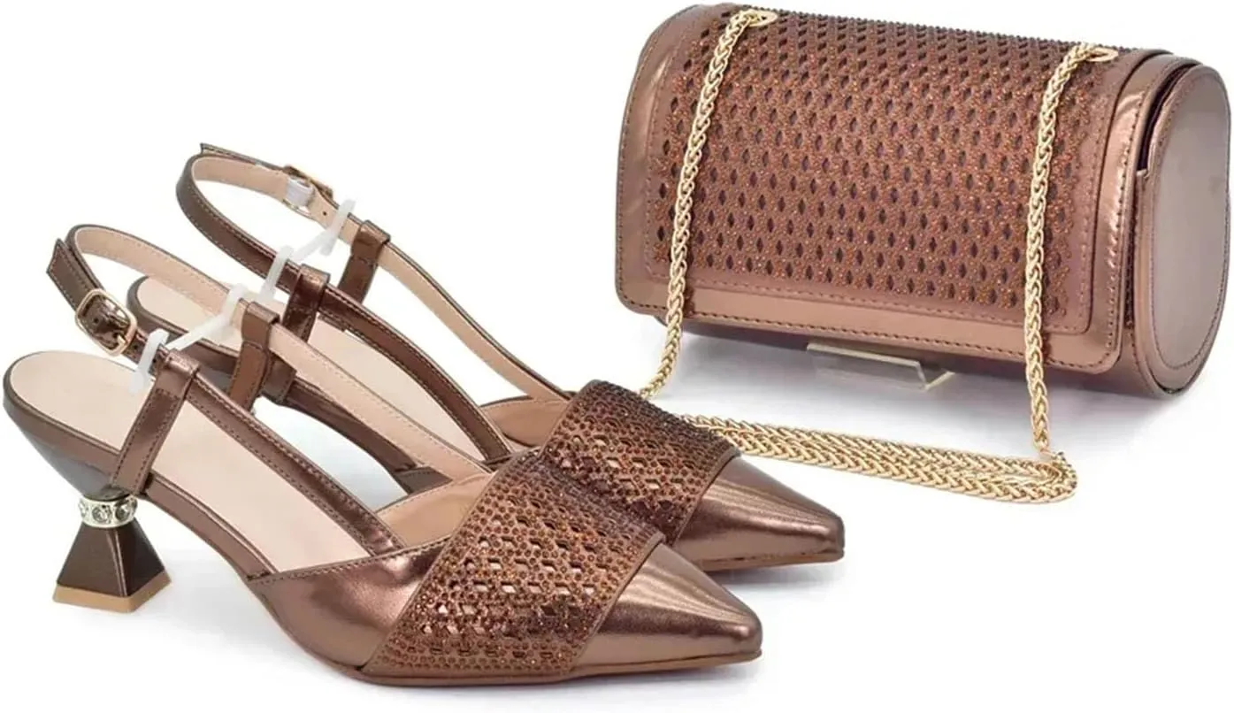 Womens 2025 Nigerian Wedding Shoes Set Bridal Pumps and Matching Evening Bag Italian Design Sparkly Rhinestone Purse