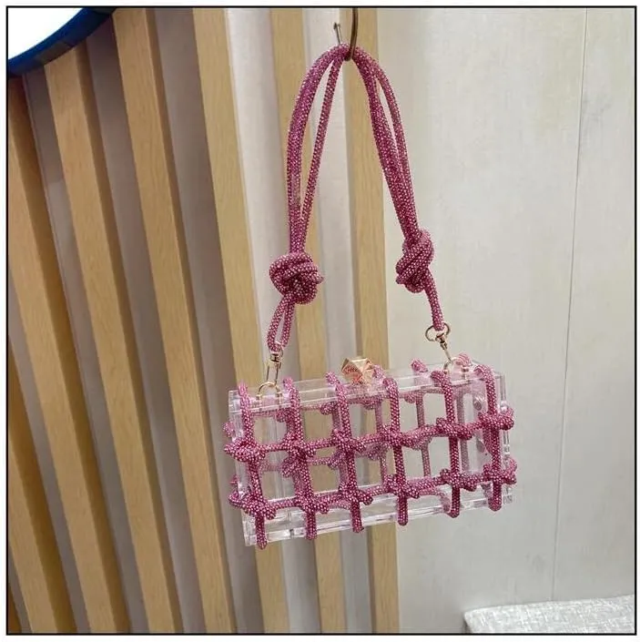 Women's Acrylic Evening Bag Clear Shoulder Bag Rhinestone Clutch Purses Drawstring Box Handbag for Party Wedding Prom