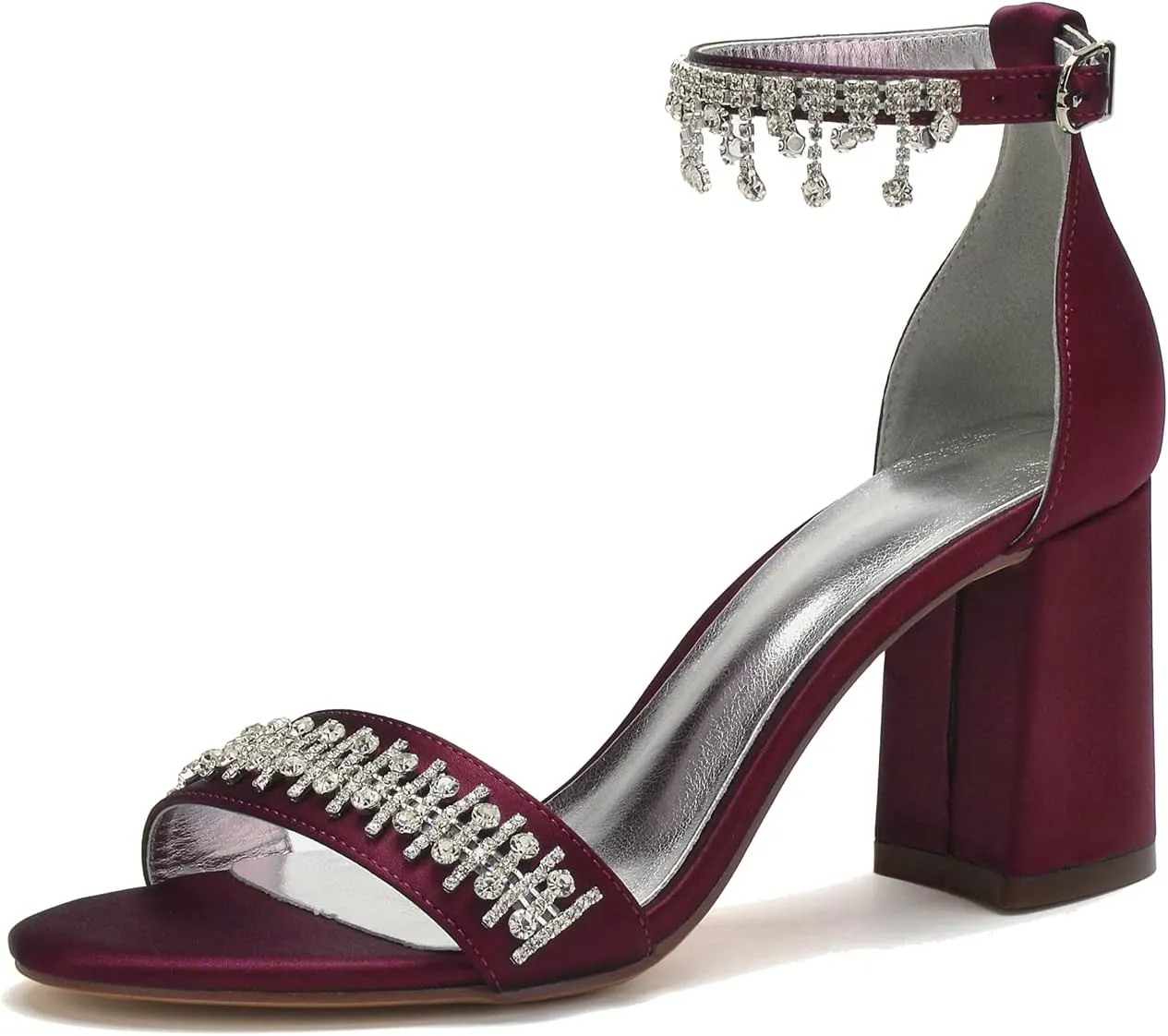 Women's Beaded Crystal Wedding Sandals for Bride Block Heels Satin Bridal Shoes Formal Evening Prom Party Shoes