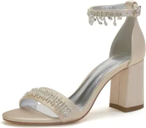 Women's Beaded Crystal Wedding Sandals for Bride Block Heels Satin Bridal Shoes Formal Evening Prom Party Shoes