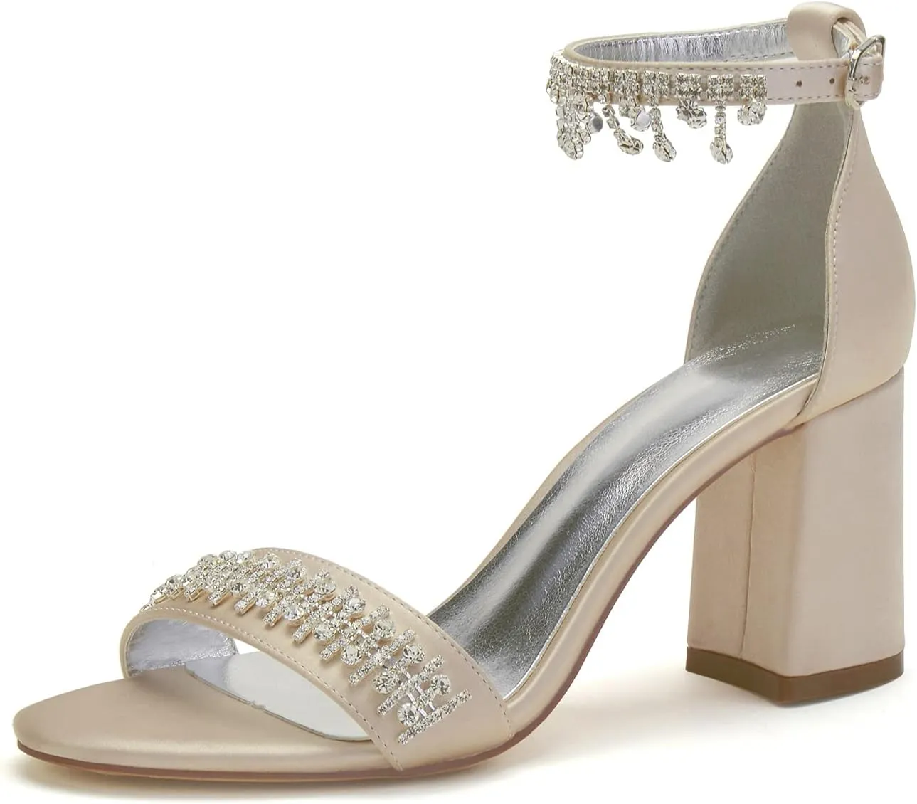Women's Beaded Crystal Wedding Sandals for Bride Block Heels Satin Bridal Shoes Formal Evening Prom Party Shoes