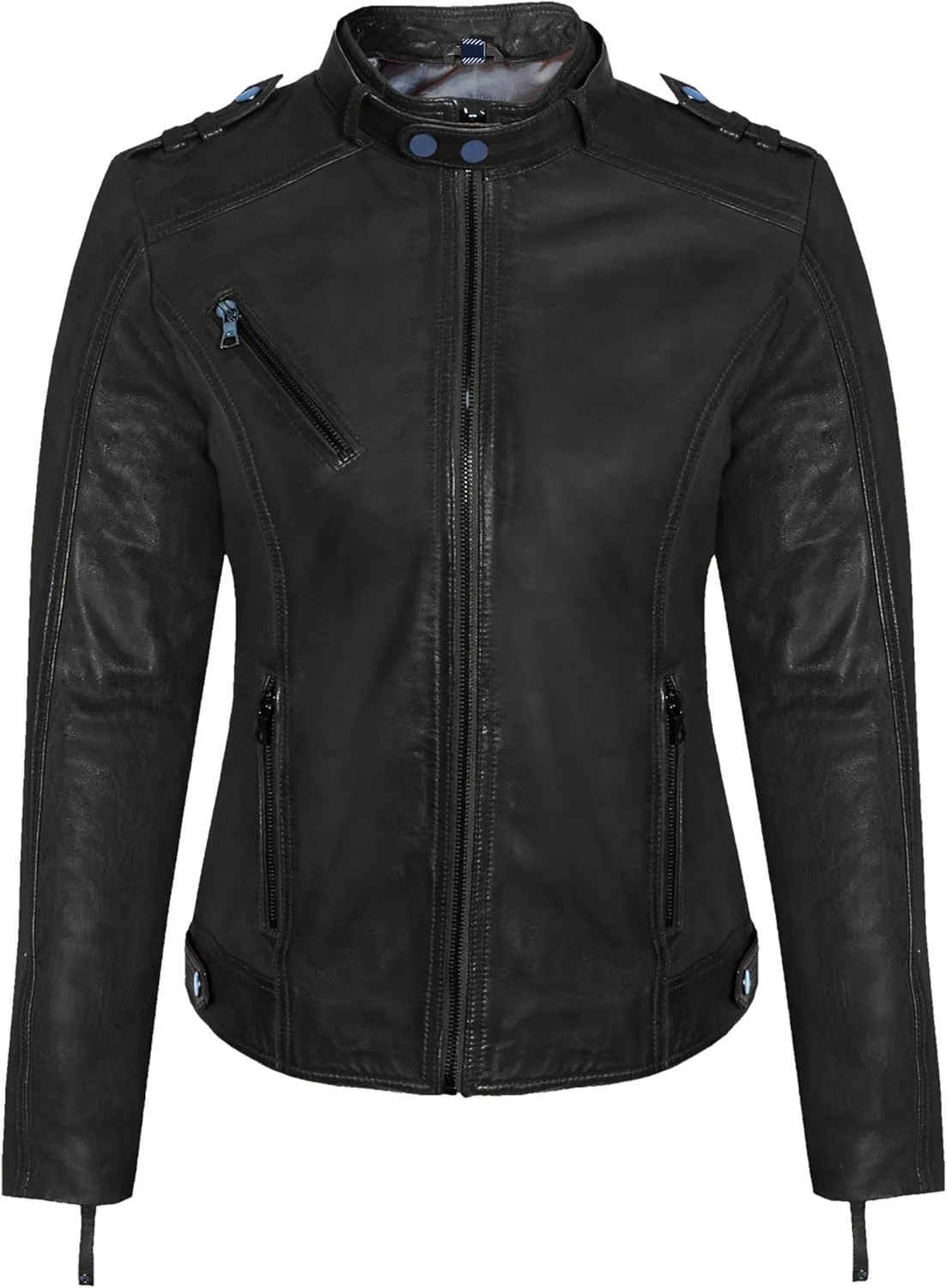 Women's Black Sheepskin Café Racer Jacket – Moto-Inspired, Hand-Waxed Finish