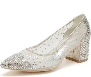 Womens Block Heel Court Shoe Ladies Mesh 2.36" Pointed Toe Party Wedding Dress Pumps ZCG1608-51X
