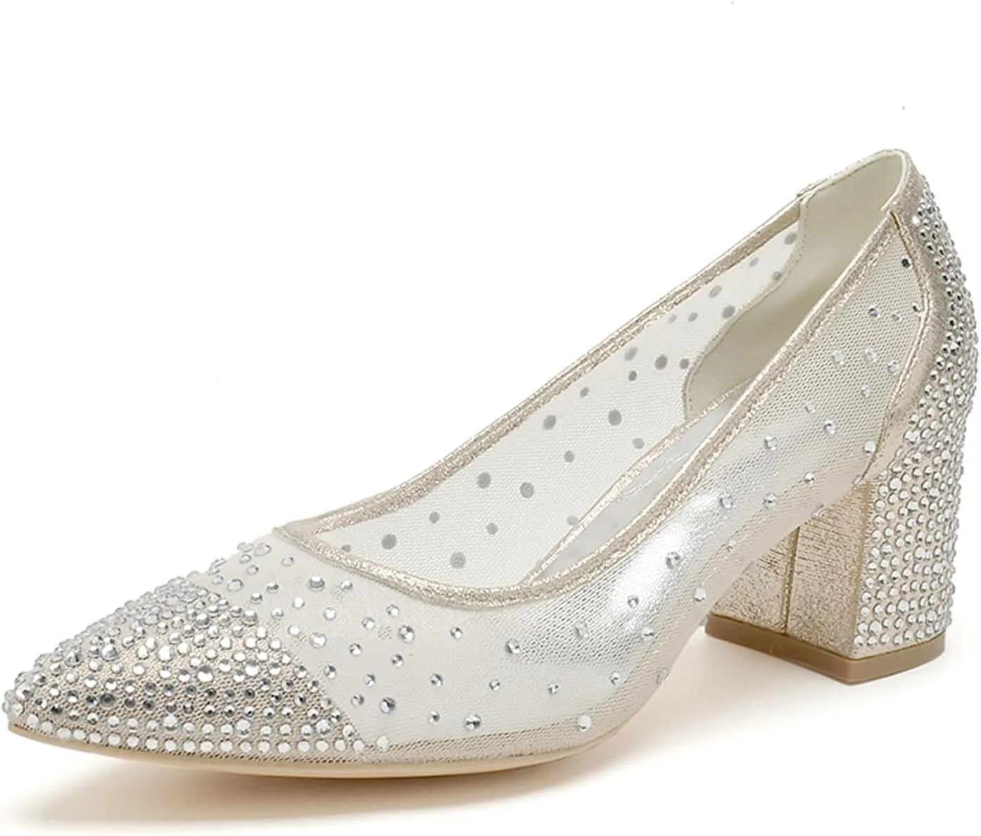 Womens Block Heel Court Shoe Ladies Mesh 2.36" Pointed Toe Party Wedding Dress Pumps ZCG1608-51X
