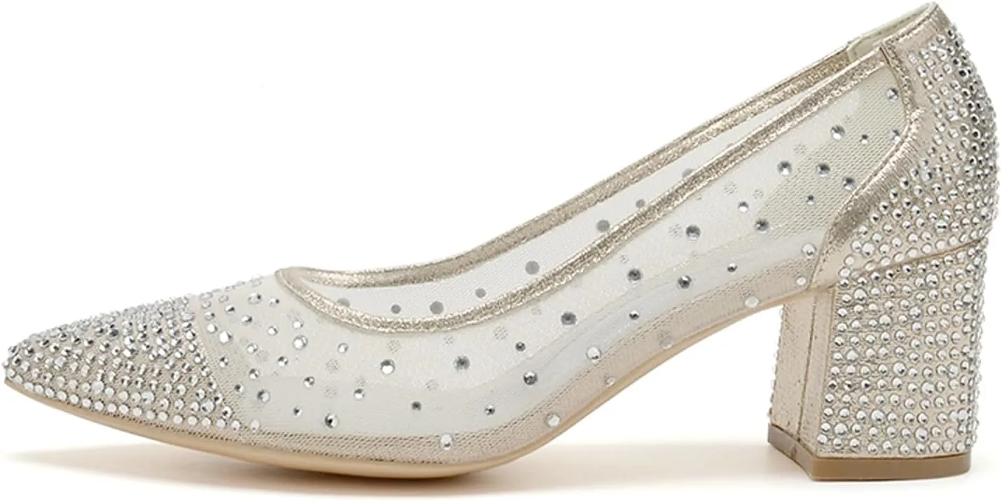 Womens Block Heel Court Shoe Ladies Mesh 2.36" Pointed Toe Party Wedding Dress Pumps ZCG1608-51X