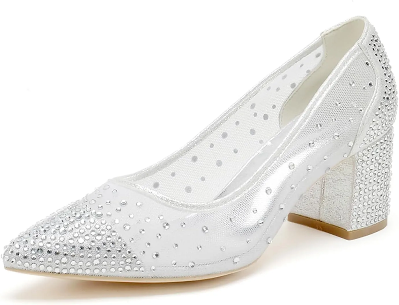 Womens Block Heel Court Shoe Ladies Mesh 2.36" Pointed Toe Party Wedding Dress Pumps ZCG1608-51X