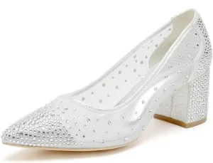 Womens Block Heel Court Shoe Ladies Mesh 2.36" Pointed Toe Party Wedding Dress Pumps ZCG1608-51X