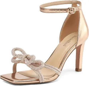 Women's Double Bowknots Heels Square Open Toe Ankle Strap Rhinestone Dress Shoes for Party Wedding