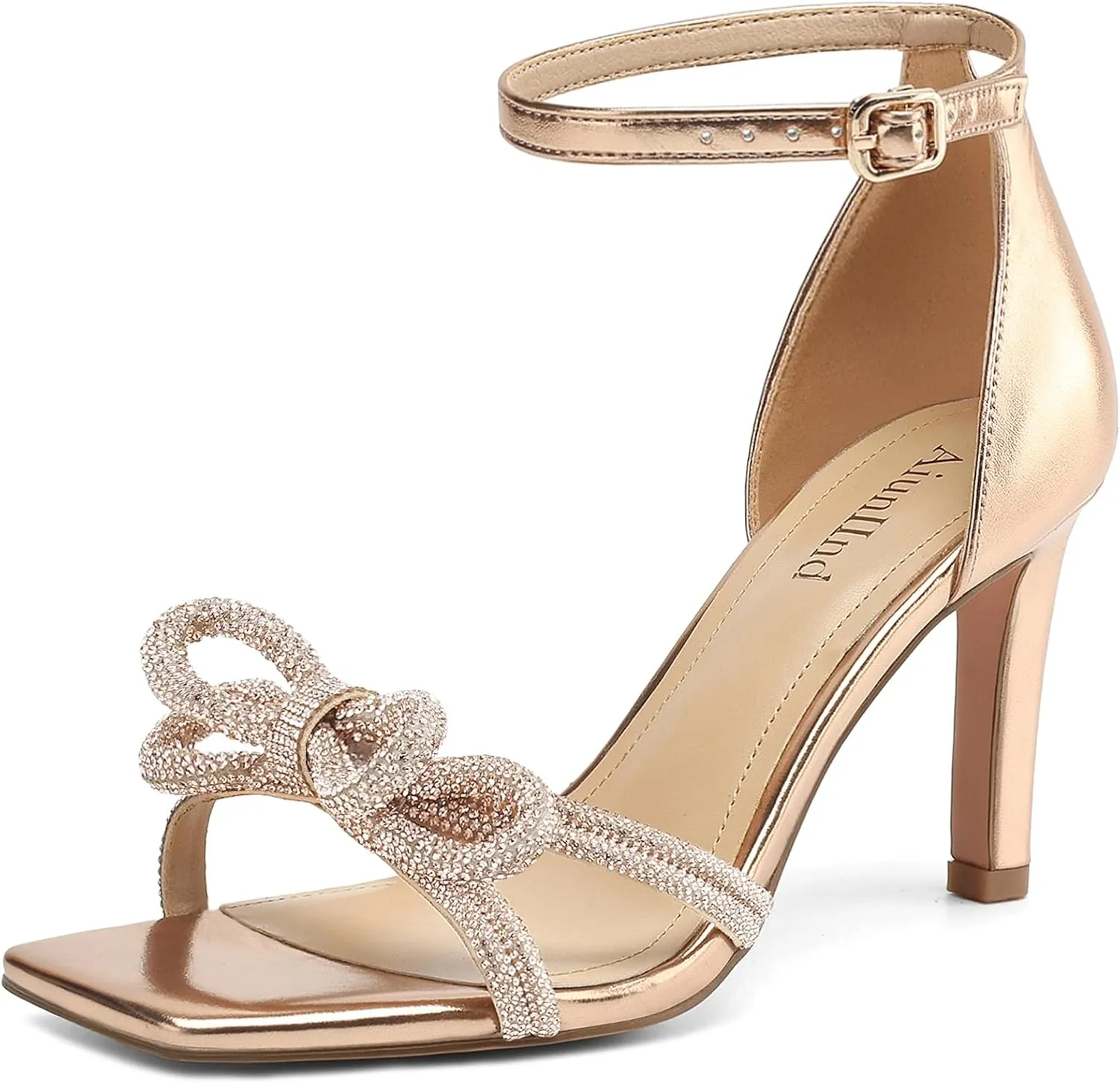 Women's Double Bowknots Heels Square Open Toe Ankle Strap Rhinestone Dress Shoes for Party Wedding