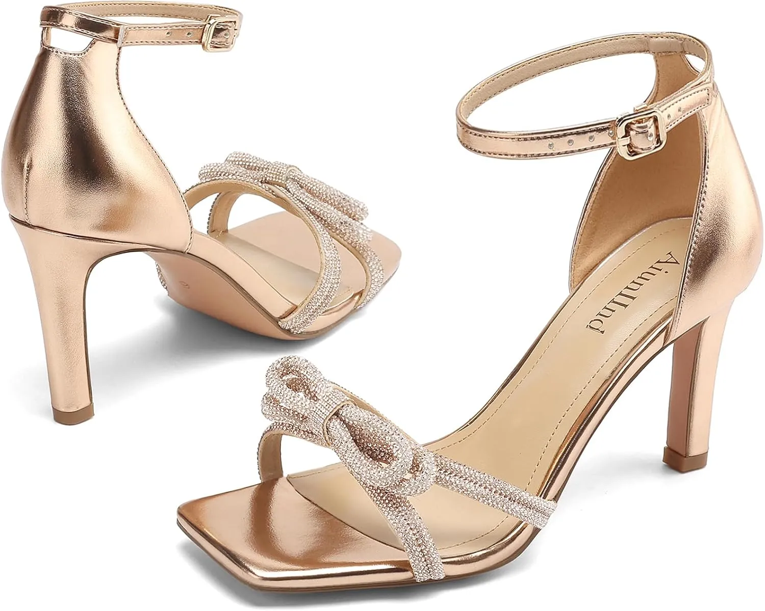 Women's Double Bowknots Heels Square Open Toe Ankle Strap Rhinestone Dress Shoes for Party Wedding