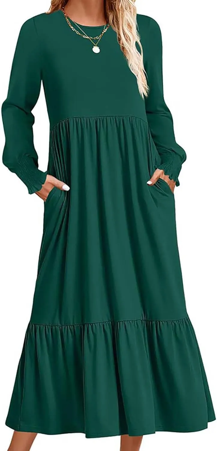 Women's Dresses Loose Fit Long Sleeve Crewneck Solid Tiered Ruffle Hem Maxi Dress Causal T-Shirt Dress with Pockets