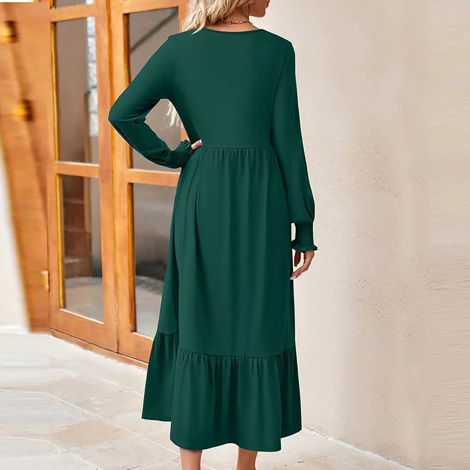 Women's Dresses Loose Fit Long Sleeve Crewneck Solid Tiered Ruffle Hem Maxi Dress Causal T-Shirt Dress with Pockets