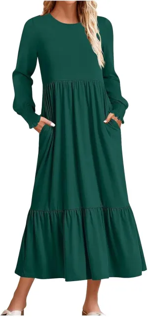 Women's Dresses Loose Fit Long Sleeve Crewneck Solid Tiered Ruffle Hem Maxi Dress Causal T-Shirt Dress with Pockets