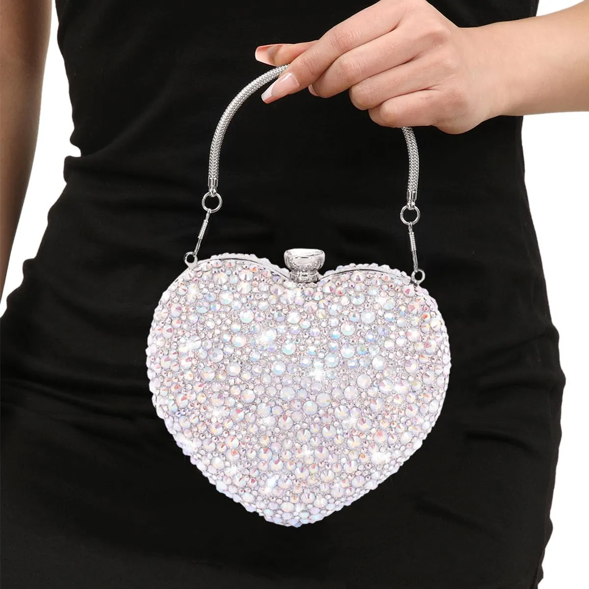 Womens Elegant Heart Type Evening Bag Shiny Rhinestone Clutch Purse Party Wedding Prom Handbag Chain Shoulder Bag