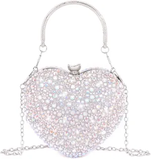 Womens Elegant Heart Type Evening Bag Shiny Rhinestone Clutch Purse Party Wedding Prom Handbag Chain Shoulder Bag