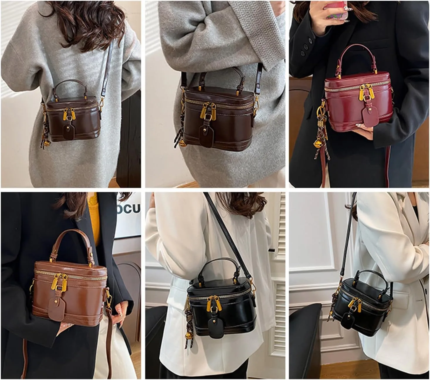 Women'S Elegant Minimalist Handbag Bucket Bag With Bell Fashion Vintage Pu Box Shape Handbag Crossbody Shoulder